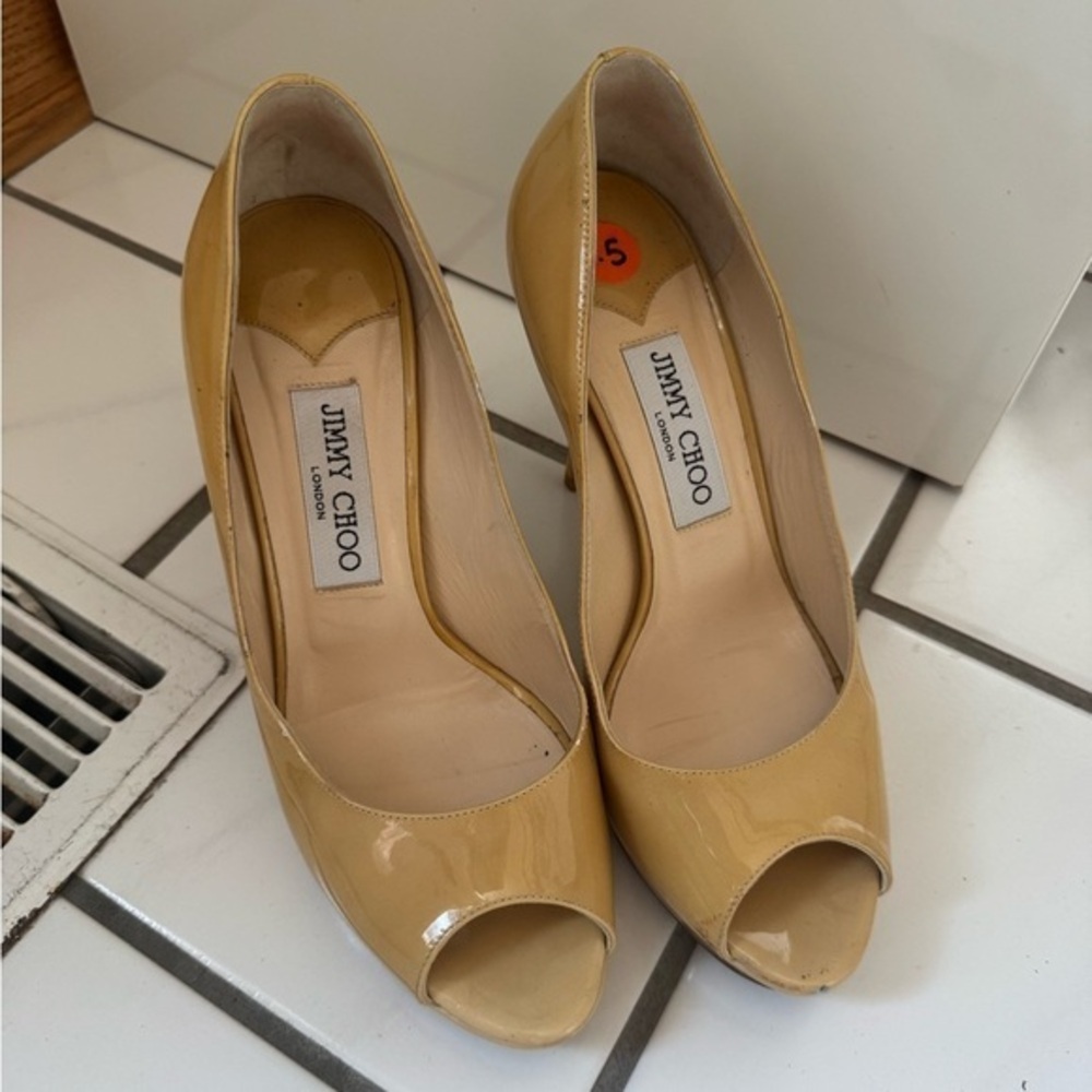 Jimmy Choo Tan Patent Leather Peep Toe Heels